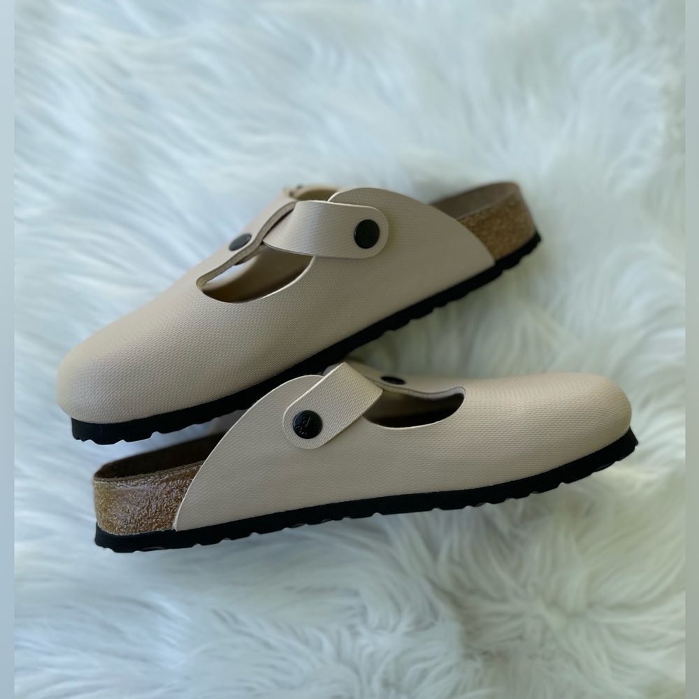 BIRKENSTOCK Papillio Boston Shoes cream Textured Leather Clogs 7 WORN  3 TIMES